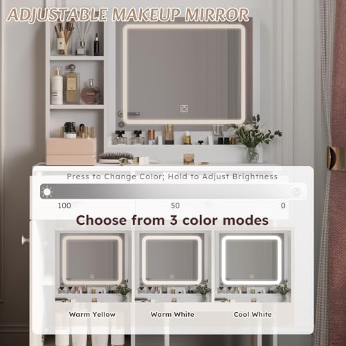 Dressing Table Set, Large Storage Space vanity with Mirror, Power Outlet, Mak...