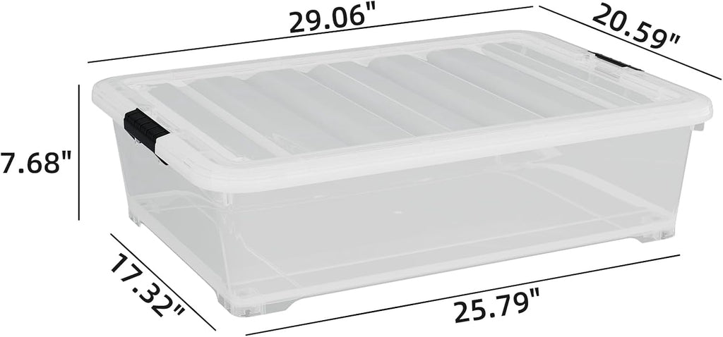 50 Quart Plastic Under Bed Storage Container, 4-Pack Large Clear Latching Storage Box with Wheels