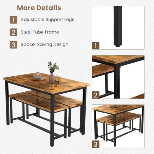 Recaceik 47" Brown Dining Table Set for 4, 3-Piece Kitchen Set