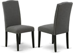 East West Furniture DLEN3-BLK-20 3 Piece Modern Dining Table Set Contains a Round Wooden Table with Dropleaf and 2 Dark Gotham Linen Fabric Upholstered Chairs, 42x42 Inch, Black