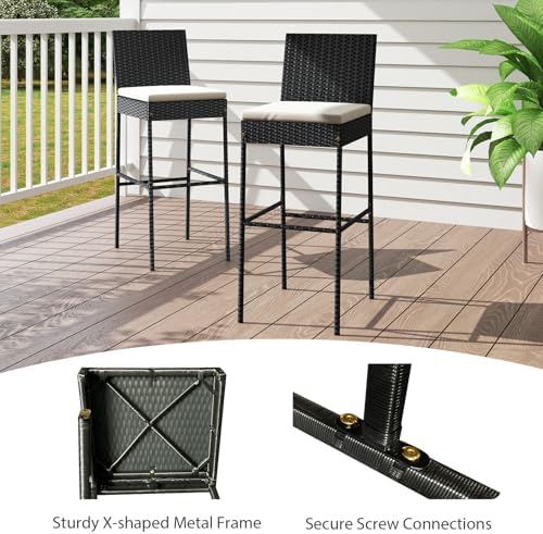 Tangkula Set of 4 Patio Wicker Barstools, Outdoor Bar Height Chair w/Soft Sea...