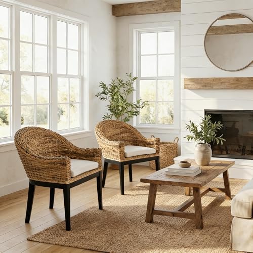 DUHOME Rattan Accent Chairs Set of 2,Armchair with Natural Rattan Back