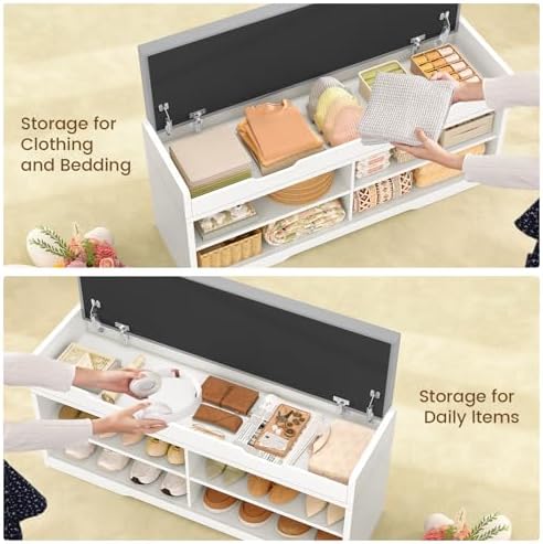 3-Tier Storage Bench, 47.2" Wide Shoe Bench with Lift Top Storage & ...