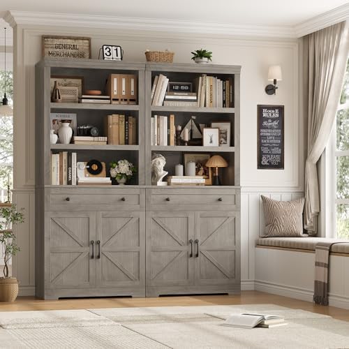 HOSTACK 72" Bookshelf with Storage, Tall Bookcase w/Deep Cabinet, Ash Grey