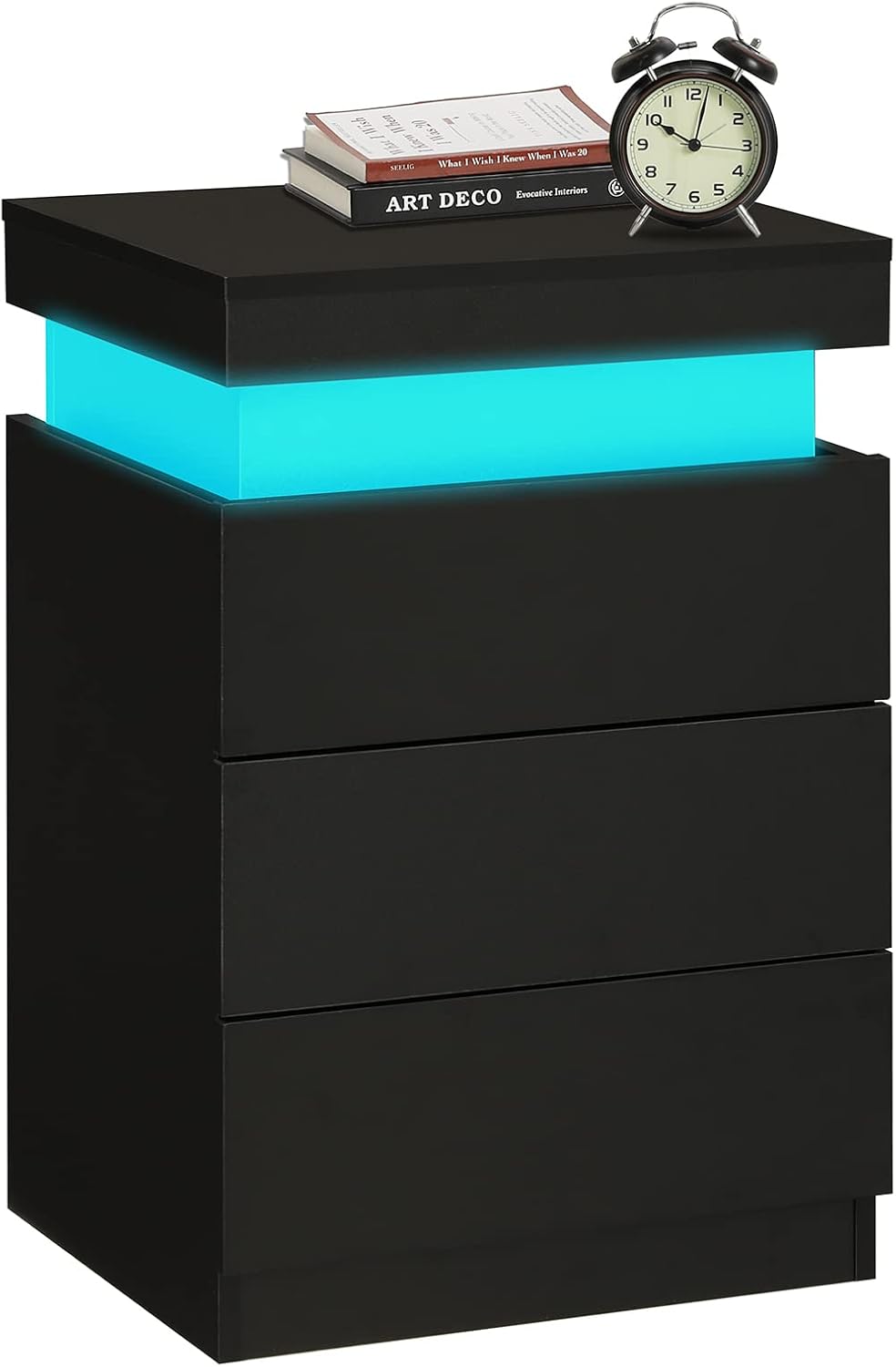 ADORNEVE Black Nightstand with Charging Station and LED Lights | Modern Night...