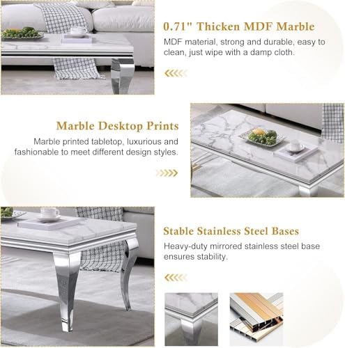 Luxury Modern Faux Marble Coffee Table Set of 3 – White MDF Marble Top with S...