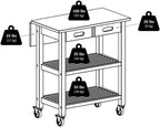 BOWERY HILL Solid Wood Kitchen Cart, Walnut Finish, Drop Leaf Extension, 2 Slatted Shelves, Locking Casters, 28.27" W x 16.66" D x 33.07" H, Rustic Transitional Indoor Storage for Kitchen