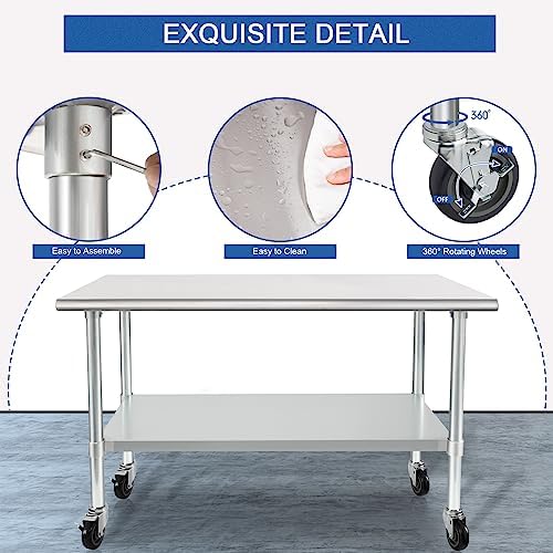 HARDURA Stainless Steel Commercial Table with Wheels 24 x 48 Inches