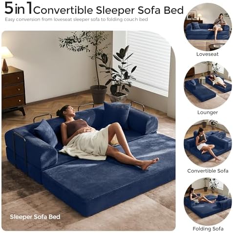 79" Convertible Futon Sofa Bed, Couch for Living Room | Blue | Folding C...
