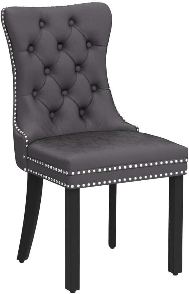 KCC Velvet Dining Chairs Set of 6, Upholstered High-end Tufted Dining Room Chair with Nailhead Back Ring Pull Trim Solid Wood Legs, Nikki Collection Modern Style for Kitchen, Grey