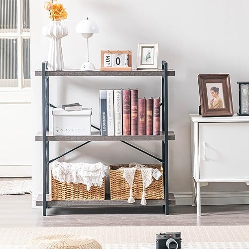 HCHQHS Bookshelf, 3-Tier Industrial Bookcase, Rustic Open Book Shelf, Freesta...