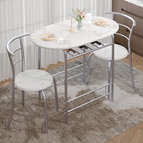 VECELO 3-Piece Dining Table Set for Kitchen Breakfast Nook, Faux Marbled Oval...