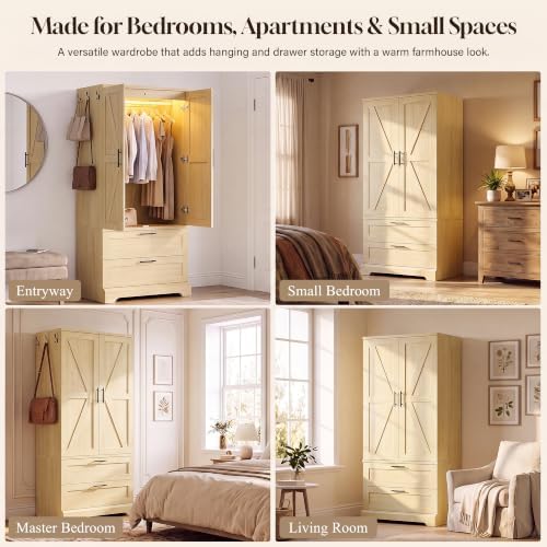 YESHOMY 70.9" Wardrobe Closet with Sensor Light, 2 Drawers (Oak)