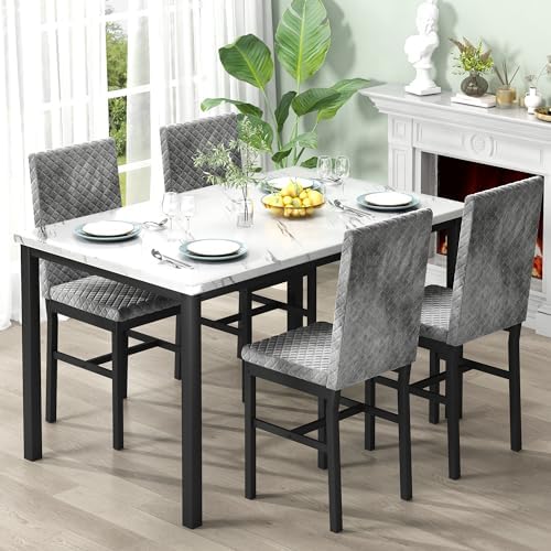 DKLGG Dining Table Set for 4, Faux Marble Kitchen Table with Velvet Upholster...