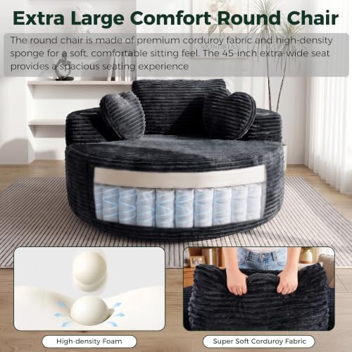 56''Oversized Round Chair Lounge Chaise Indoor with Cup Holders &...