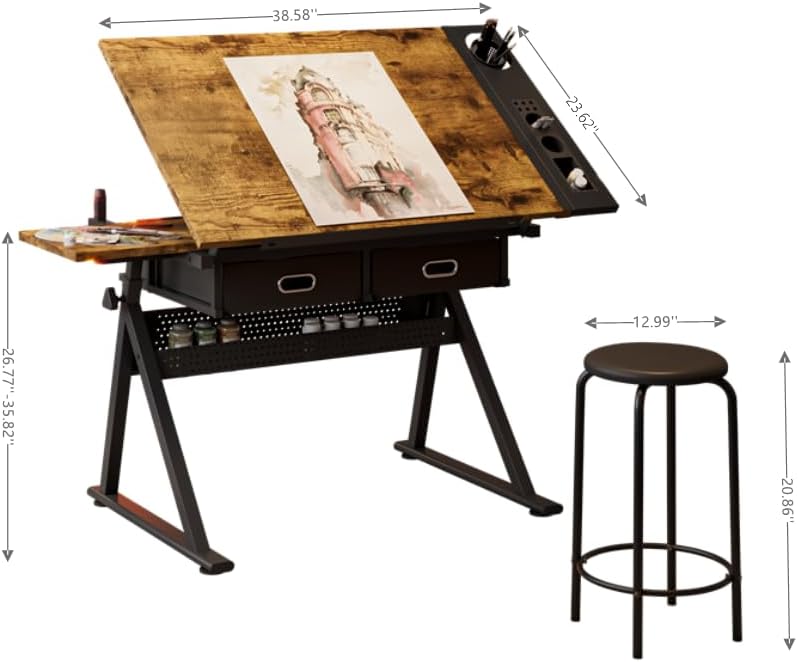 Adjustable Drafting Table Desk with Storage, Tilting Drawing Desk for | Tilta...