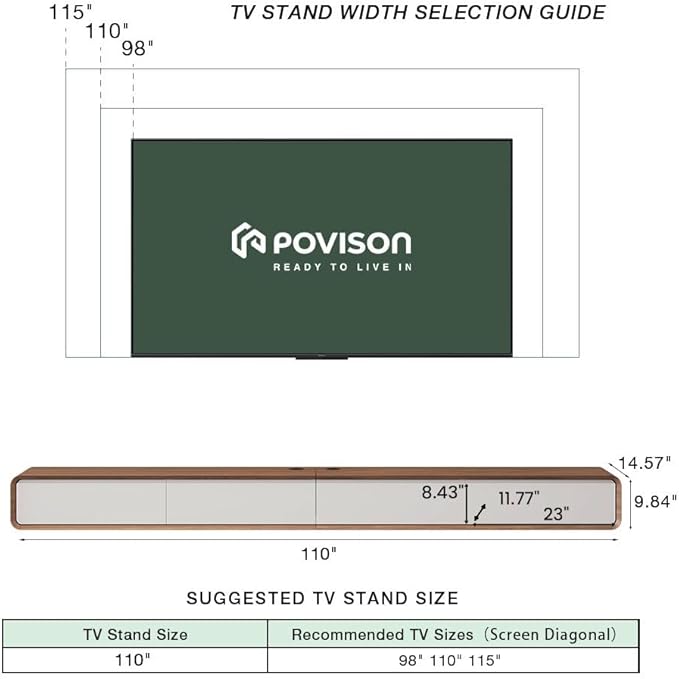 POVISON Fully-Assembled Minimalist Floating TV Stand, Modern Wall-Mounted Entertainment Center with 4 Flip-Down Cabinet Doors, Solid Wood Media Console, 110.24"