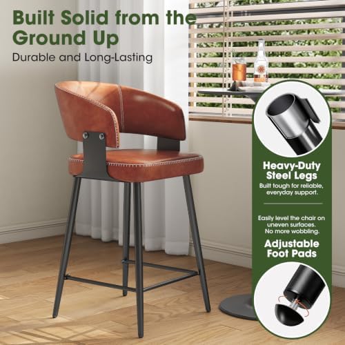 26" Counter Height Bar Chairs Set of 4, Padded Island Chairs, Brown
