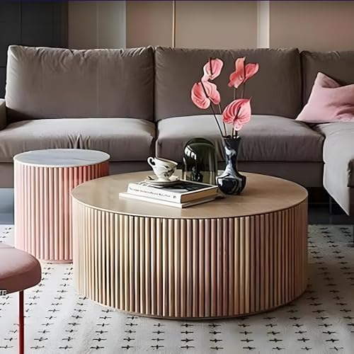 Minimalist Solid Wood Drum End Table, Fluted Round Design, Fully Assembled Ni...