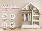 VOWNER Kids Wardrobe Closet with Mirror and Storage Shelves (White) | Dress up closet with hanging rod, shoe rack & 3 hooks, ideal for bedroom, playroom & nursery