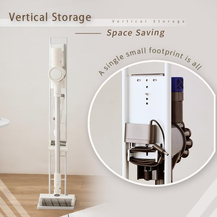 Vacuum Cleaner Stand Freestanding Holder with Accessory Storage for Vacuum Cleaners & Accessories - White Metal