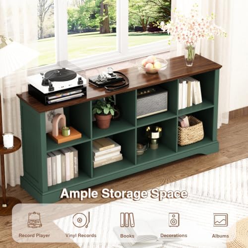 8 Cube Storage Organizer, 62" Long Low Horizontal Bookshelf, Green