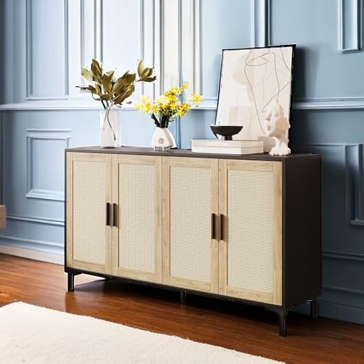 JASIWAY Buffet Cabinet with Storage, 48" Rattan Sideboard with Adjustabl...