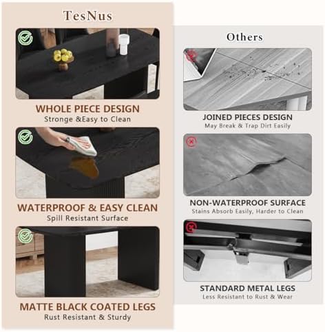 TesNus Modern Dining Table Set for 4, 67'' Black Dining Table Set with 4 Upholstered Metal Chairs, 3.5'' Oval Wood Top and Matte Black Pedestal Base, Rounded Corners Kitchen & Dining Room Table Set