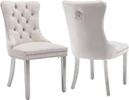 Velvet Dining Chairs Set of 2, Upholstered Dining Room Chairs with Back Ring Pull Trim and Sliver Stainless Steel Legs,Tufted Wingback Chair Perfect for Dining Room,Living Room,Kitchen(Beige)