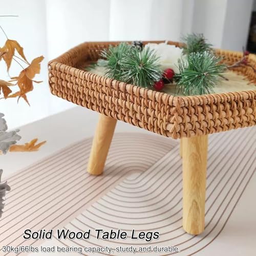 Hand Woven Rattan Serving Tray Table with Wooden Legs, Stylish Low Table for ...