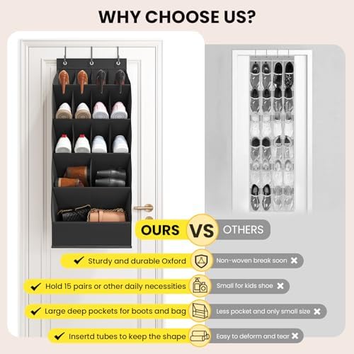 Mefirt Over the Door Shoe Rack for Closet Fit 18+ Pairs, Door Shoe Organizer with Large Breathable Pockets, Hanging Shoes Rack Fit Boots, Behind the Door Shoe Holder for Categorized Storage, Black