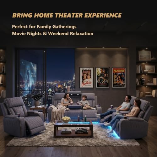 Power Reclining Sofa Set with USB Charging/LED, Blueish Grey Leather Recliner...