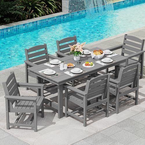 SERWALL 7 Pcs Outdoor Dining Set, 67" HDPE Dining Set for 6, Gray