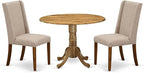 East West Furniture DLFL3-ANA-04 3 Piece Dining Table Set Contains a Round Dining Room Table with Dropleaf and 2 Light Tan Linen Fabric Upholstered Chairs, 42x42 Inch, Natural