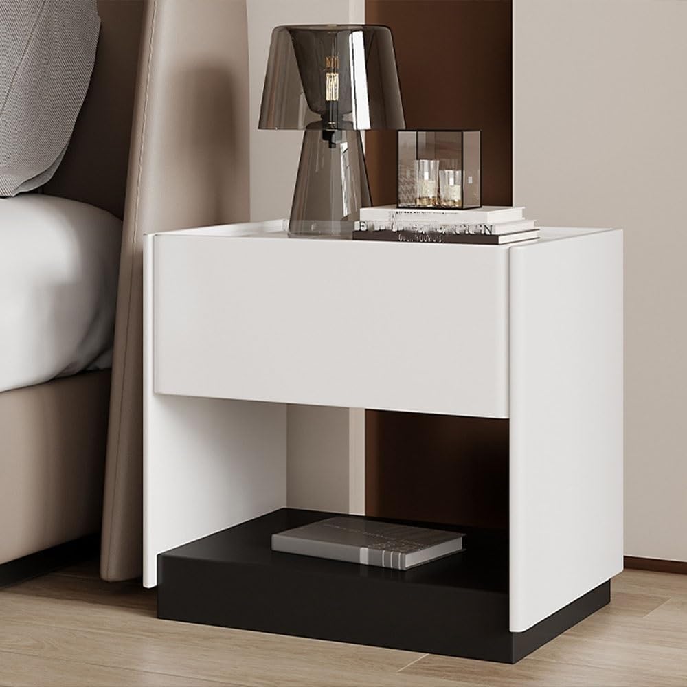 Wood Night Stand with Stone Slab Desktop Modern Bedside Table Side Table Deco...