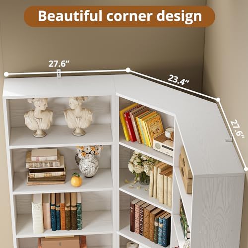 IRONCK Corner Bookshelf, 71" Tall Bookcase with 2 Storage Cabinets, White