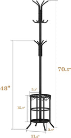 Coat Rack Freestanding with Umbrella Holder – Metal Hanger Stand, Hall Tree with 12 Hooks, Entryway Organizer for Hats, Bags, and Clothes (Black)