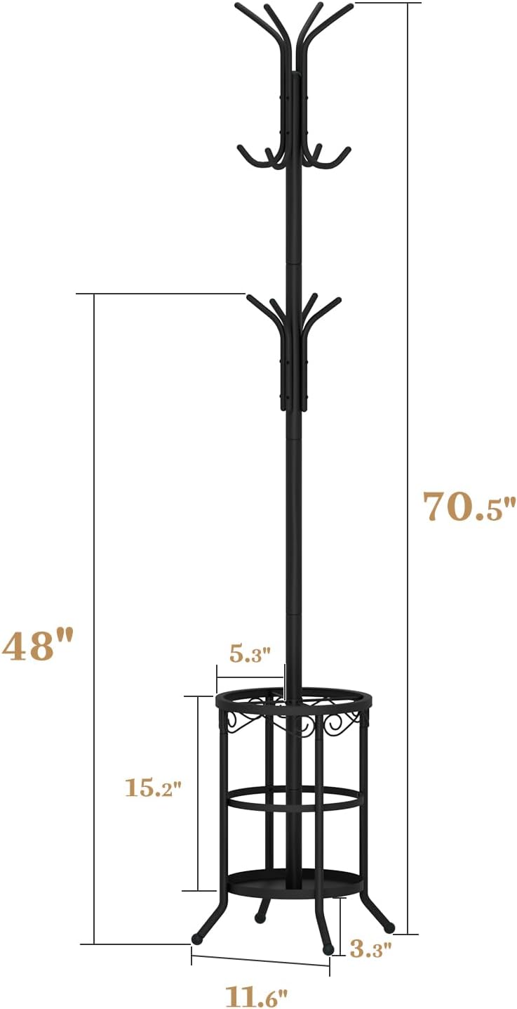 Coat Rack Freestanding with Umbrella Holder – Metal Hanger Stand, Hall Tree with 12 Hooks, Entryway Organizer for Hats, Bags, and Clothes (Black)