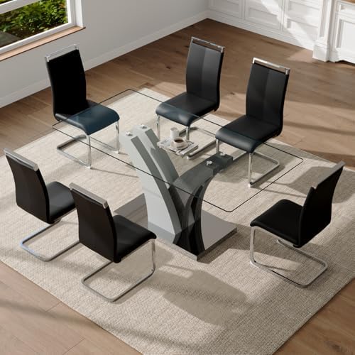 Glass Dining Table Set for 6, 71” Kitchen Table Set for 6, Large Dining Room ...