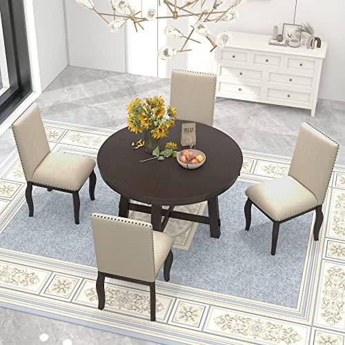 Harper & Bright Designs Round Kitchen Dining Table Set for 4, 5 Piece Far...