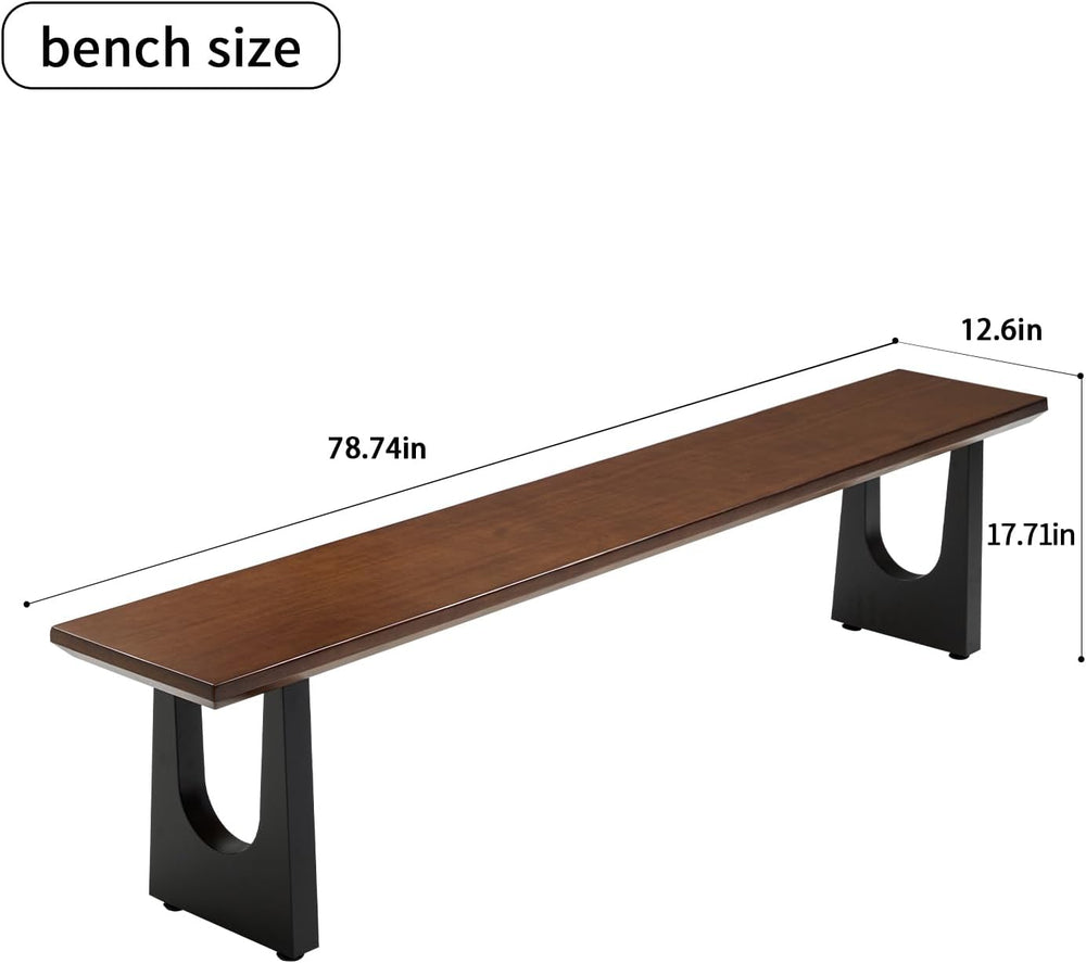 Walnut Color Long Bench Solid Wood Top Metal Legs U-Shaped Design Durable Stu...