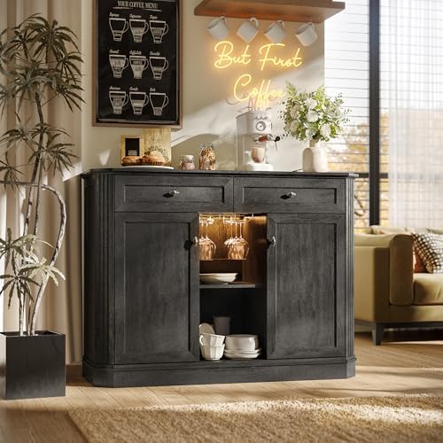 47" Wine Bar Cabinet with LED Light & Power Outlets, 2 Door Coffee B...