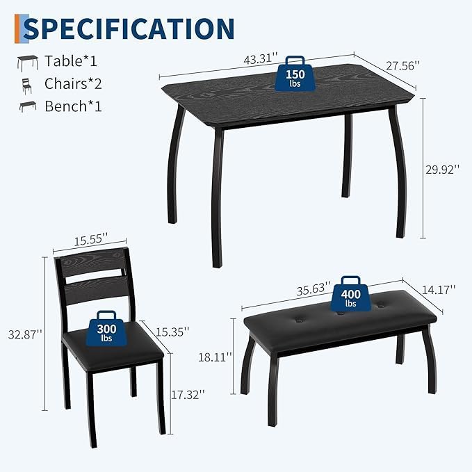 IDEALHOUSE 43'' Dining Table Set for 4, Wooden Kitchen Table with Uph...
