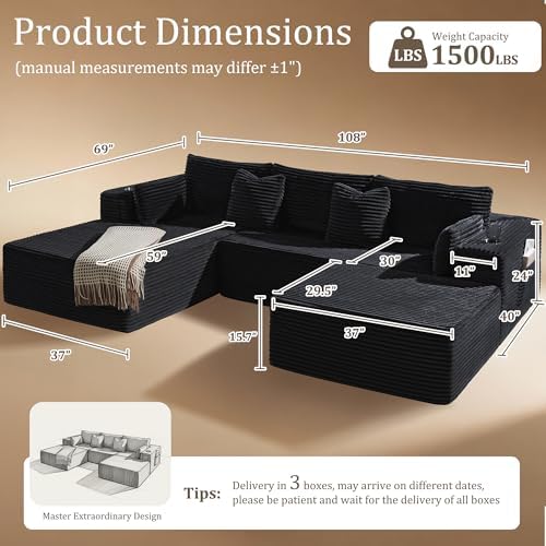 108" Oversized Cloud Sectional Couch, Comfort U Shaped Couch for Living ...