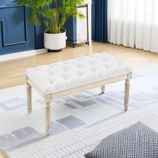 LOULENS French Vintage Bench, Linen Fabric Entryway Bench, Upholstered Tufted...