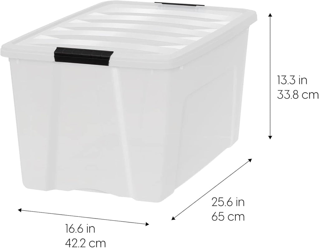 IRIS USA 72 QT Plastic Storage Box with Lid and Latches - 4 Pack - BPA-Free, Discreet Organizing Solution, Durable Nestable Stackable Containers, Secure Pull Handle - Pearl