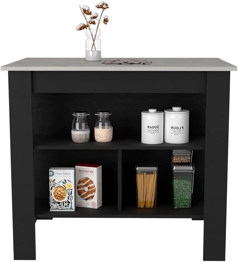 Kitchen Island Dozza with Three Shelves Black and Ibiza Marble Finish | Three...