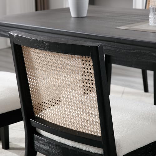 Rattan Dining Chairs Set of 2, Farmhouse Boucle Kitchen Chairs with Cane Back, Upholstered Sherpa Dining Room Chairs Comfy Side Wood Chair for Living Room/Restaurant, Black Sherpa