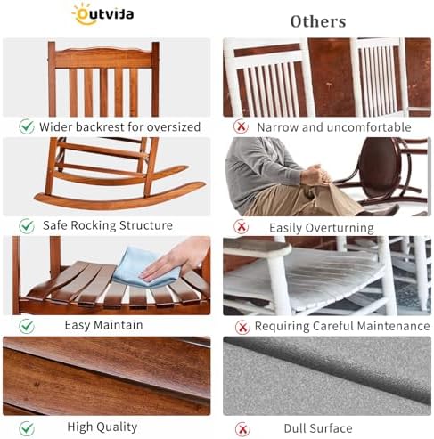 Outvita Outdoor Rocking Chair, Solid Wood High Back Rocker, Natural | All Wea...