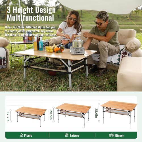 KingCamp Adjustable Height Bamboo Folding Camping Table with Storage